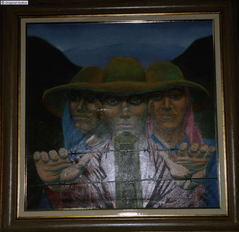 Representação dos camponeses deparando-se com a cerca de arame  ...